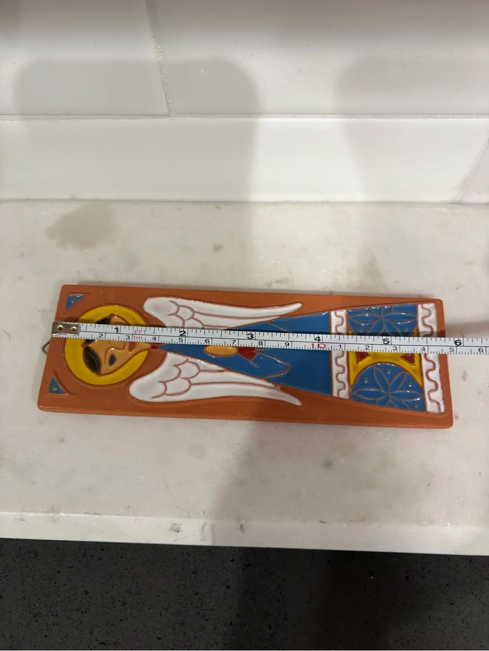 Hand-Painted Terracotta Angel Wall Plaque in Blue, White & Yellow Italy - Picture 6 of 7